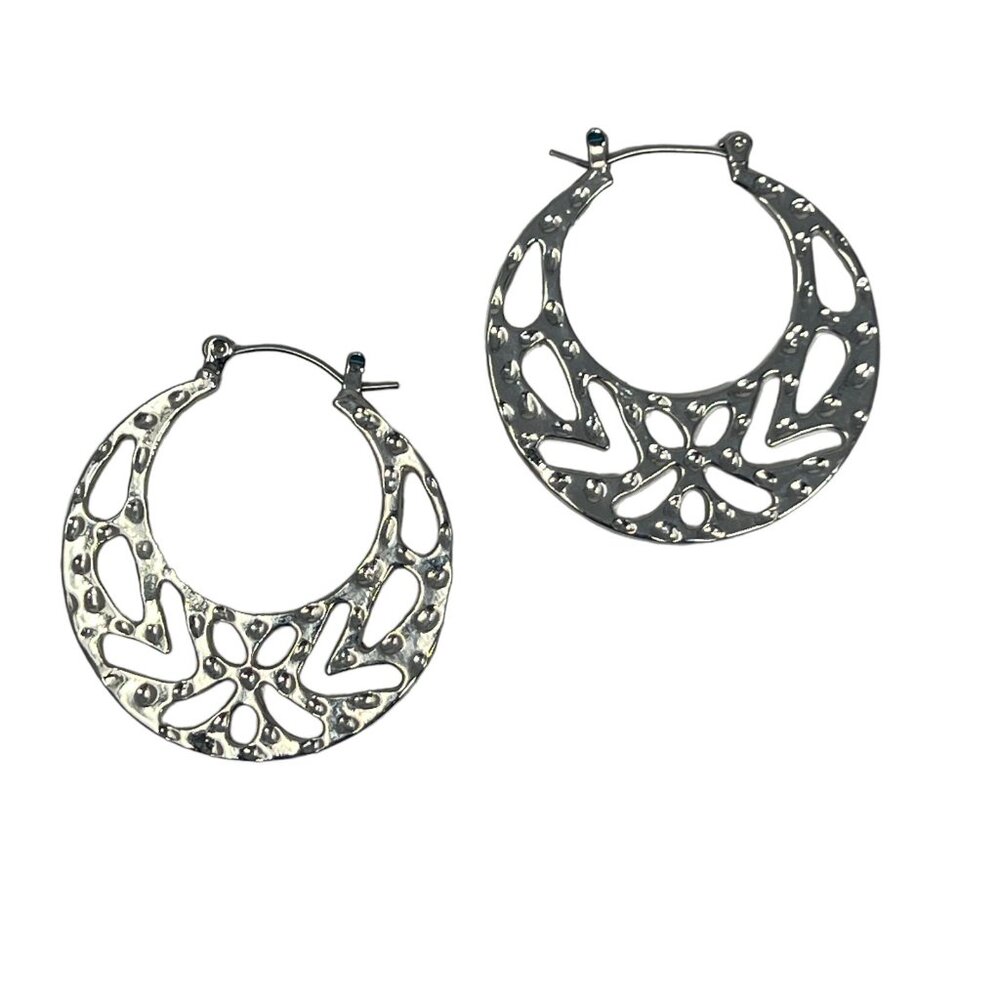 Hoop Earrings Hammered Silver Tone‎ Pierced Wire 1 1/2 inches